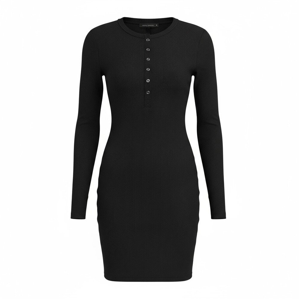 French Connection Ribbed Black Bodycon Dress, Henley, LBP, Minimalist, Classic